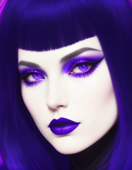 Stunning portrait of Dark feminine beauty young lady with indigo blue hair and purple eyes with iridescent purple eyesha...