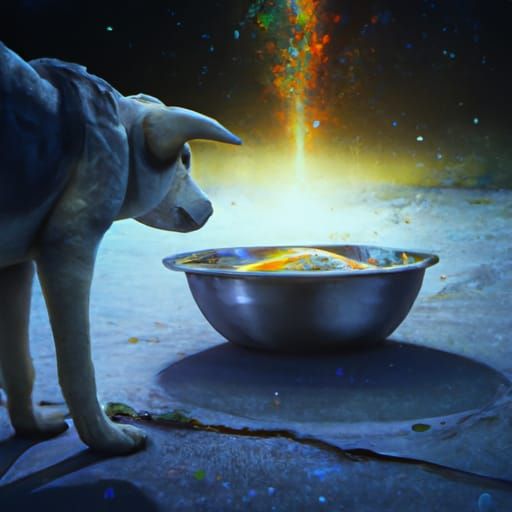 Dog and Galaxy Portal in Food Bowl, Digital Art