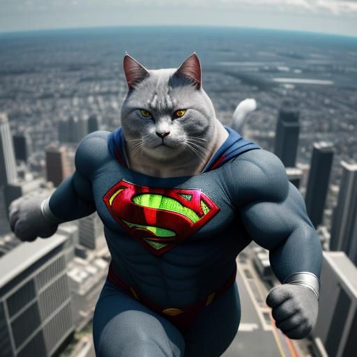 Superman Cat Flying Over City: Hyperrealistic Photo