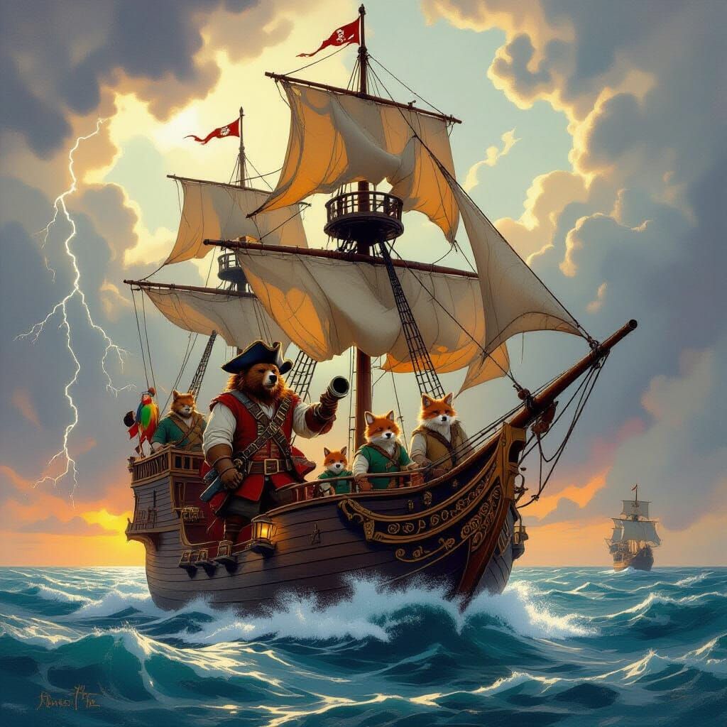 Pirate Ship Sailing on Clouds in Steampunk Style