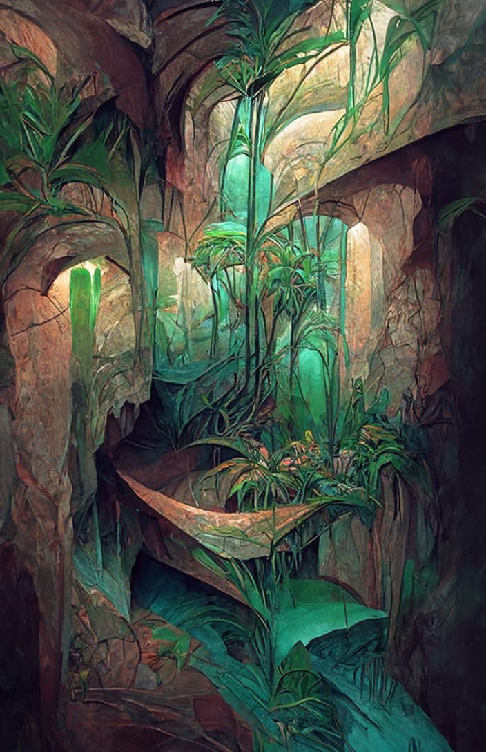 Luminous Underground Jungle Grotto in Art Nouveau Style