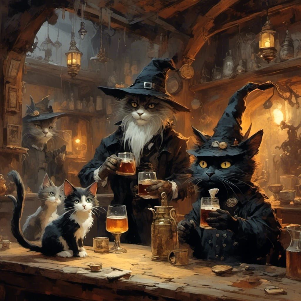 Whimsical Wizard Cat Enjoying a Pint in Pub