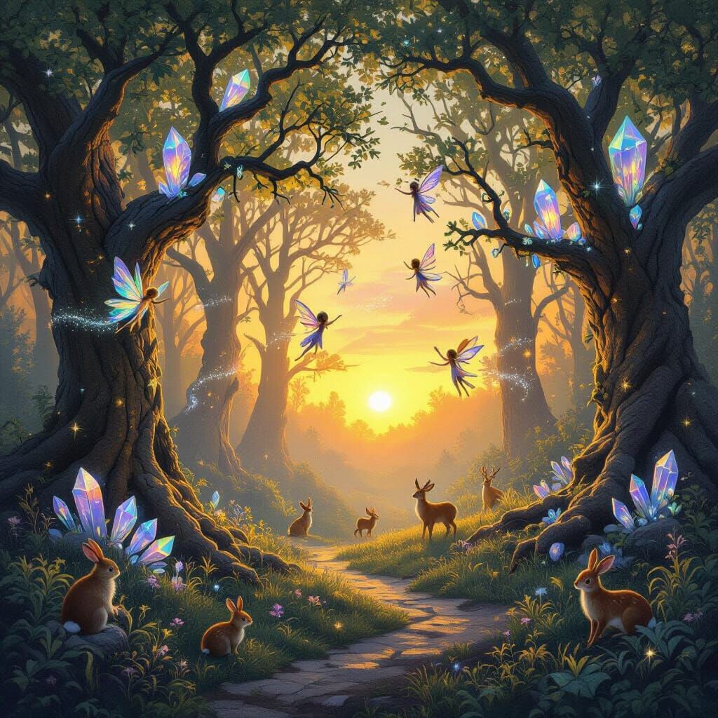 Mystical Forest at Sunset with Fairies and Crystals