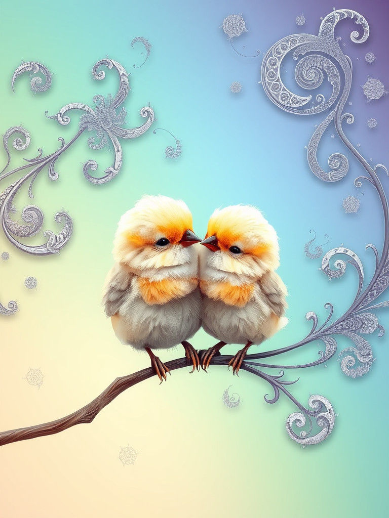 Baby Birds Embracing in Abstract Digital Dreamscape