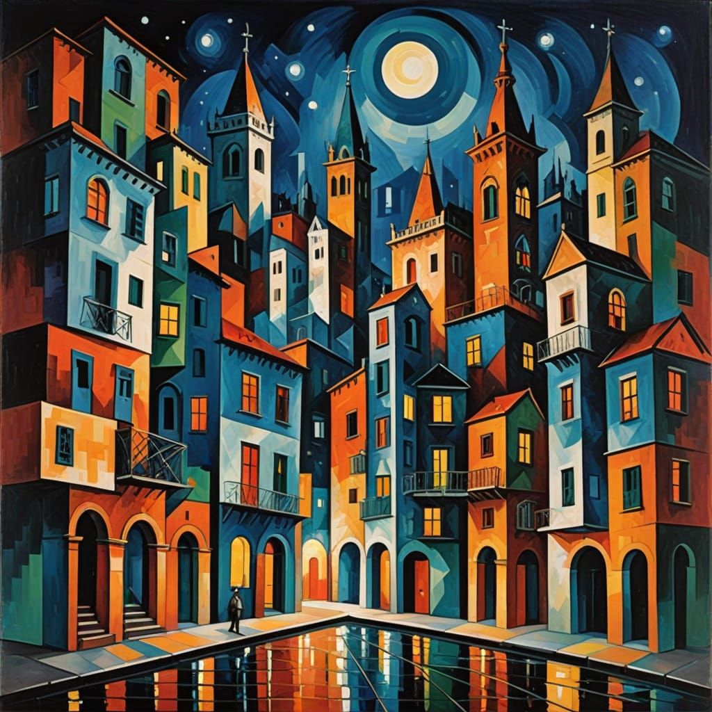 Vibrant Cubist Cityscape at Night