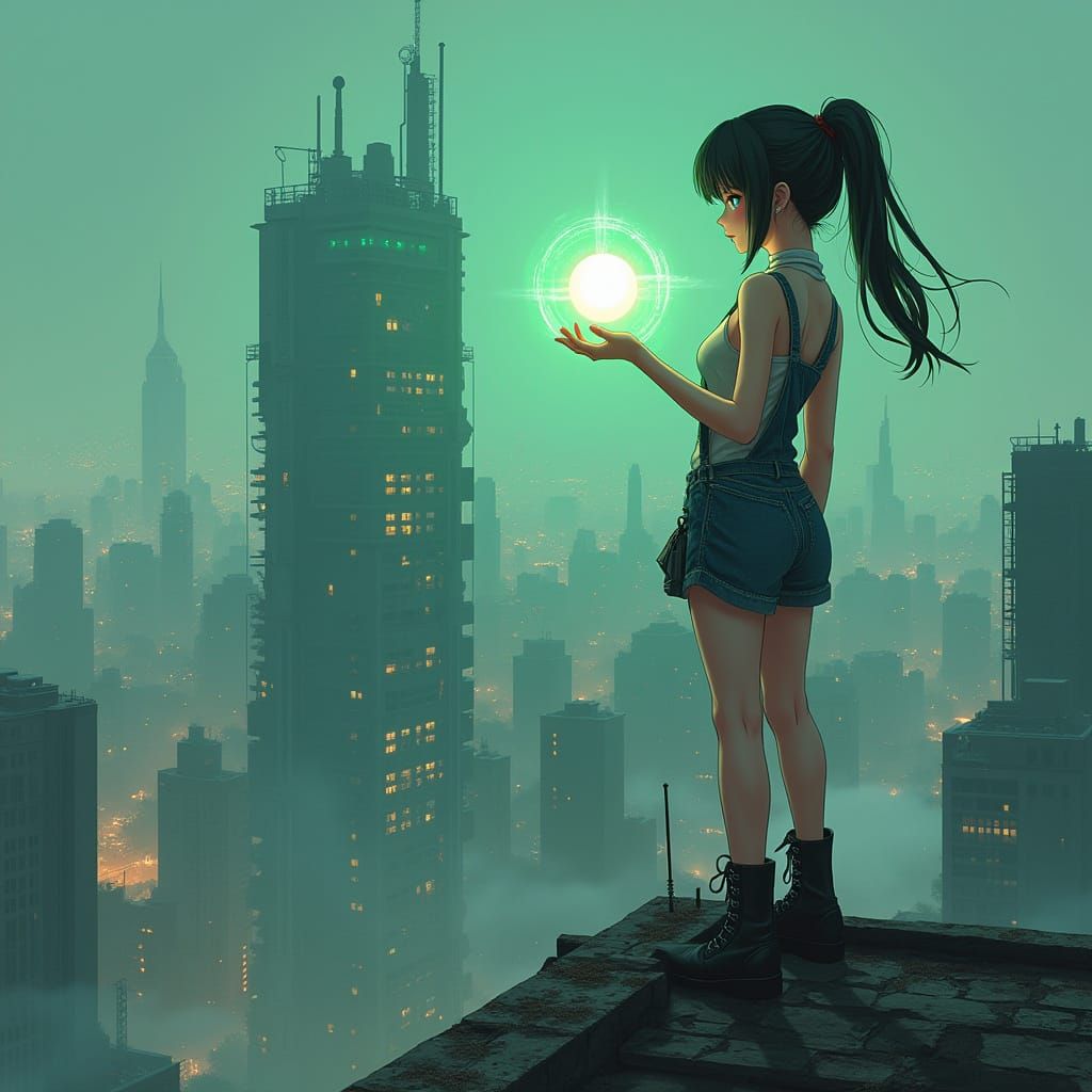 Futuristic Anime Woman Overlooking Megacity