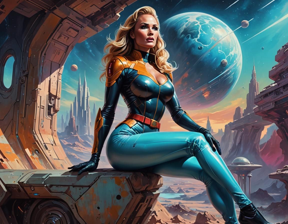 Sci-Fi Pinup on Alien Planet in Solar Punk Style