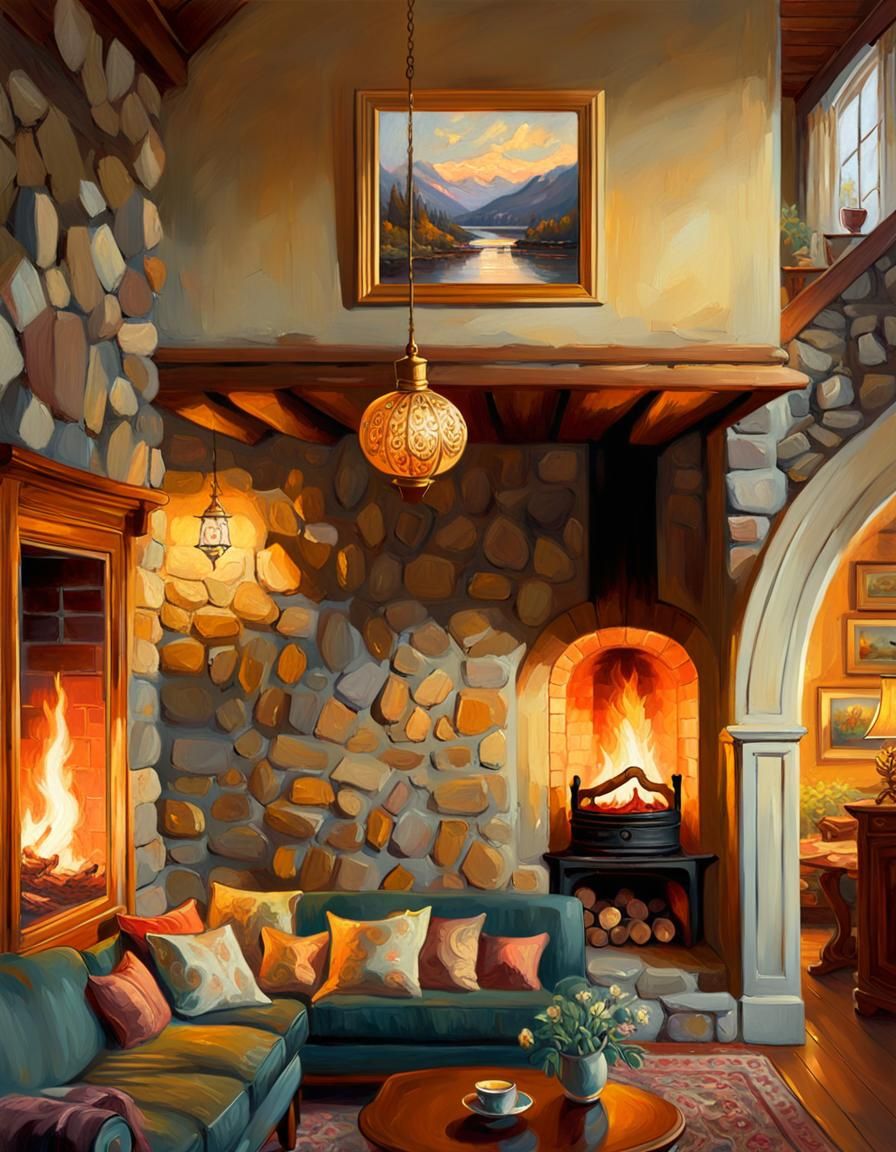 Cozy Cottage Interior with Fireplace as Impasto Painting