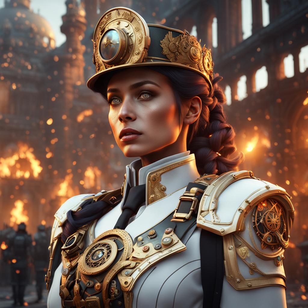 Steampunk Military Officer in Fantasy City