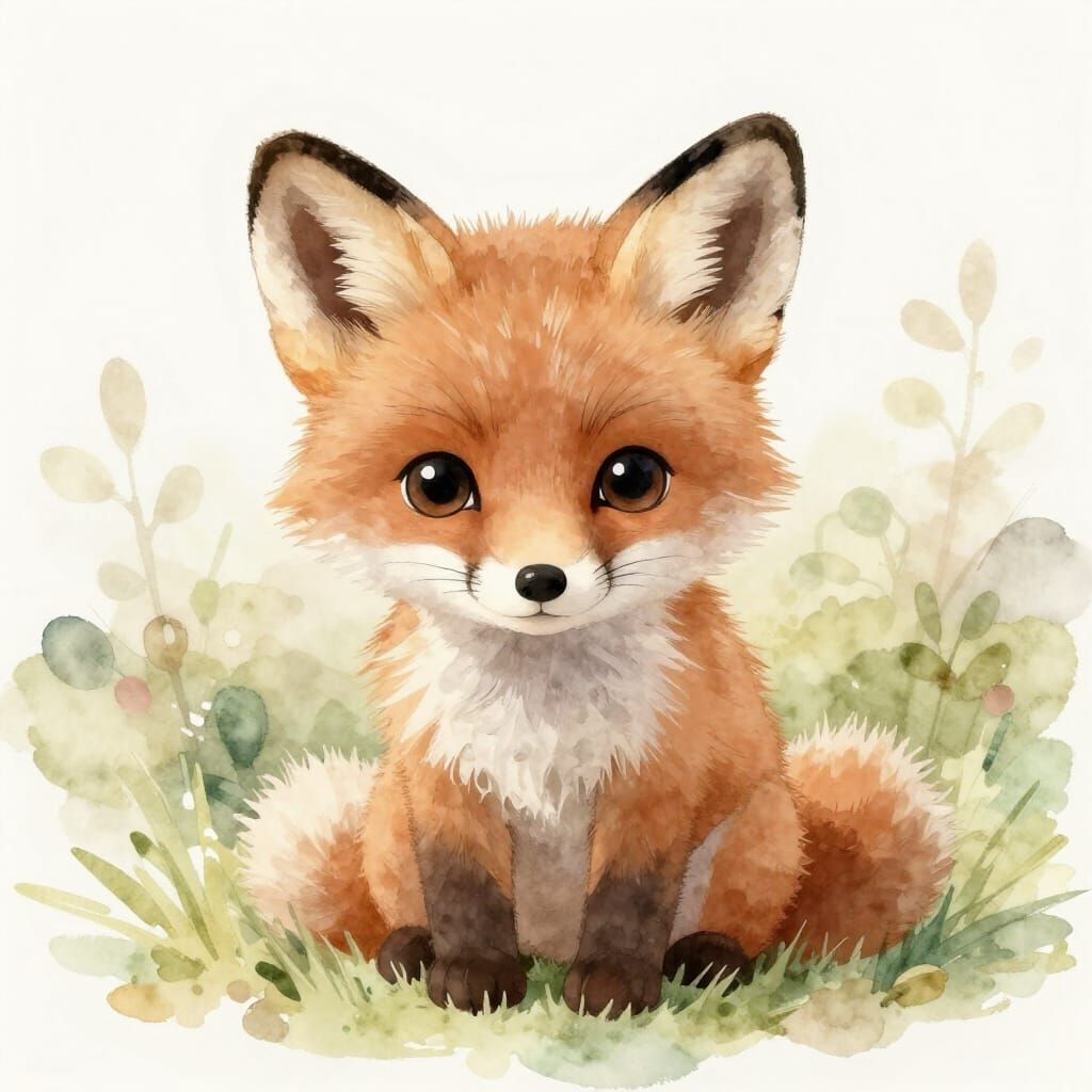 Cute Baby Fox Illustration in Soft Watercolor Woodland Style