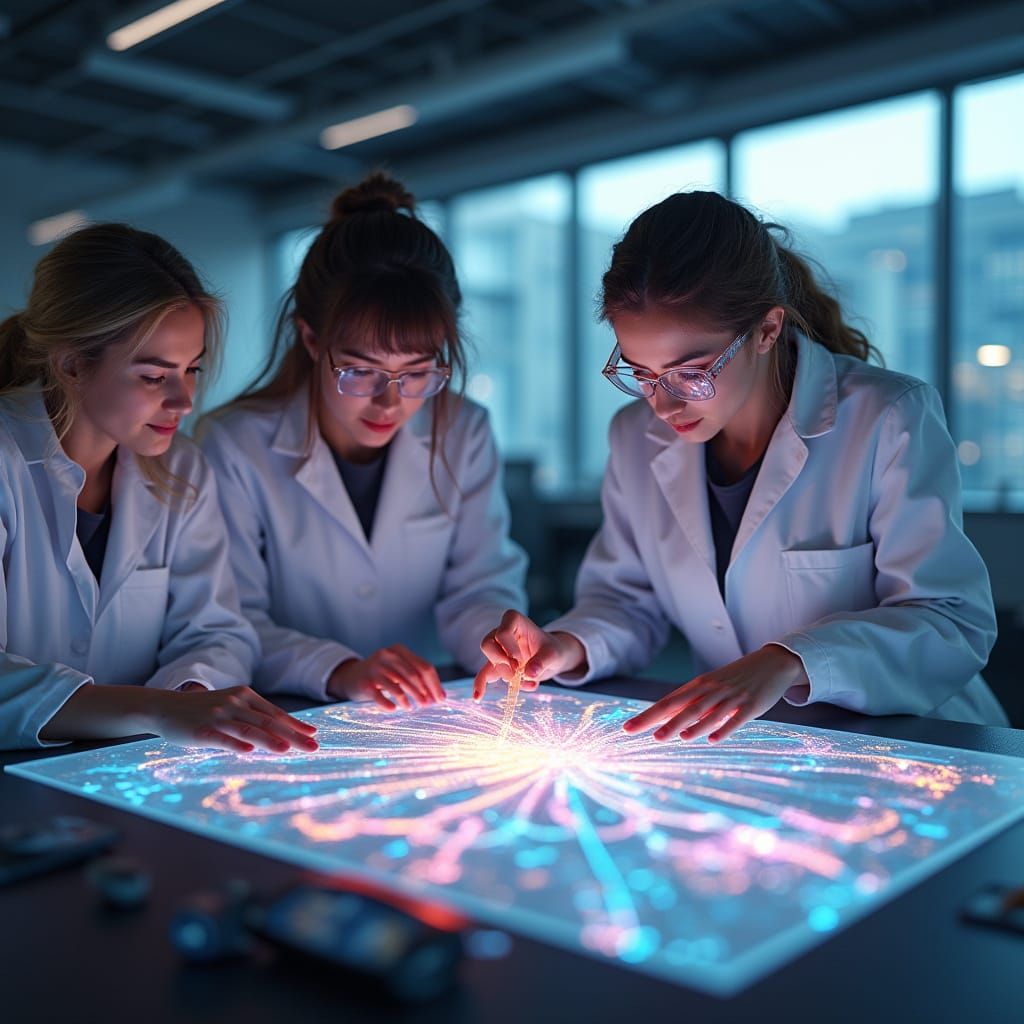A team of design engineers collaborating on a holographic display in a futuristic, open-plan office, filled with sleek f...