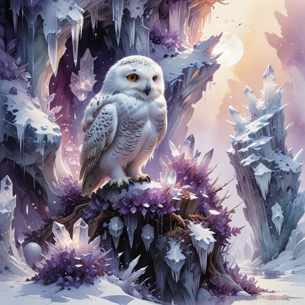Snowy Owl on Amethyst Crystals in Digital Watercolor