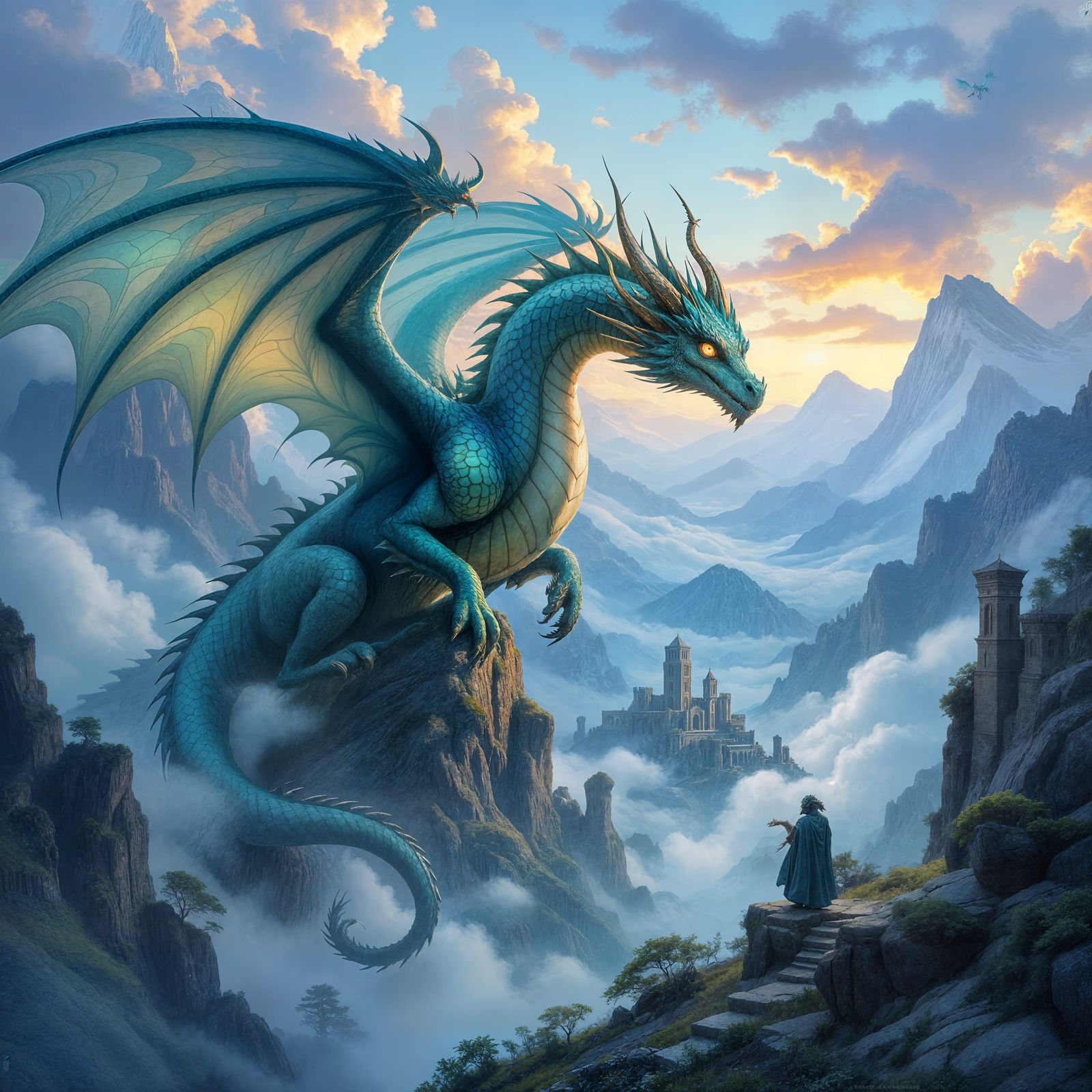 Celtic Dragon Soaring Above Misty Mountains