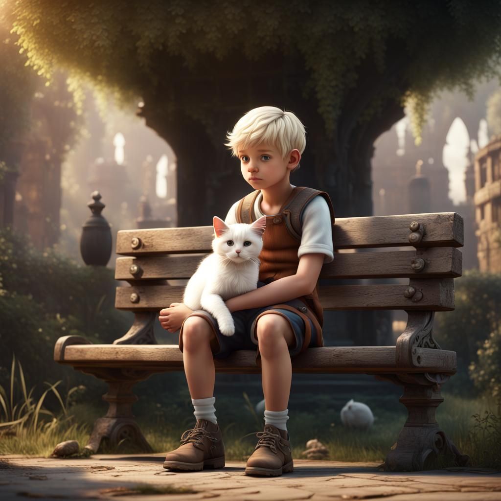 Boy with Cat on Bench: Fantasy Concept Art