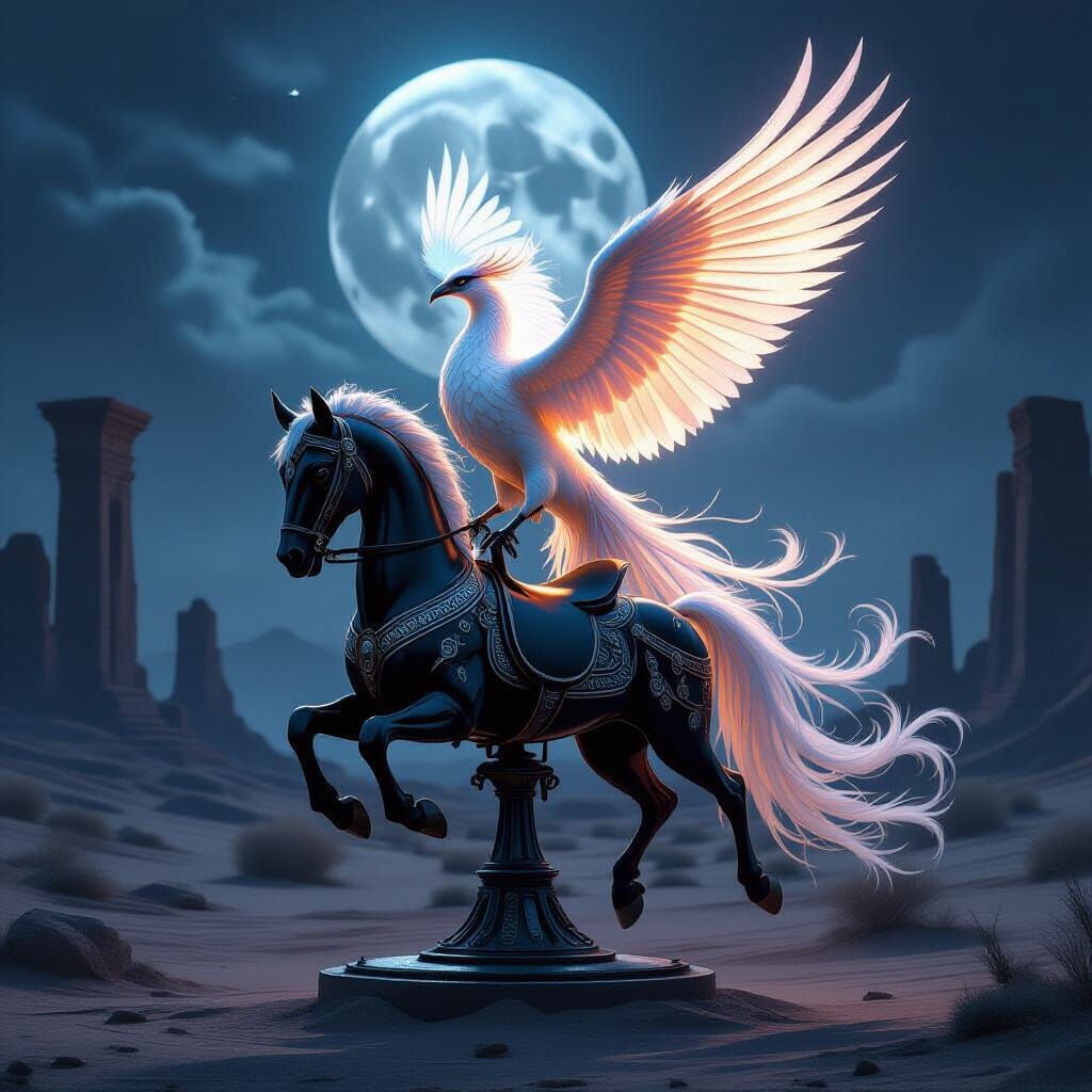 Phoenix on Obsidian Horse in Moonlit Desert
