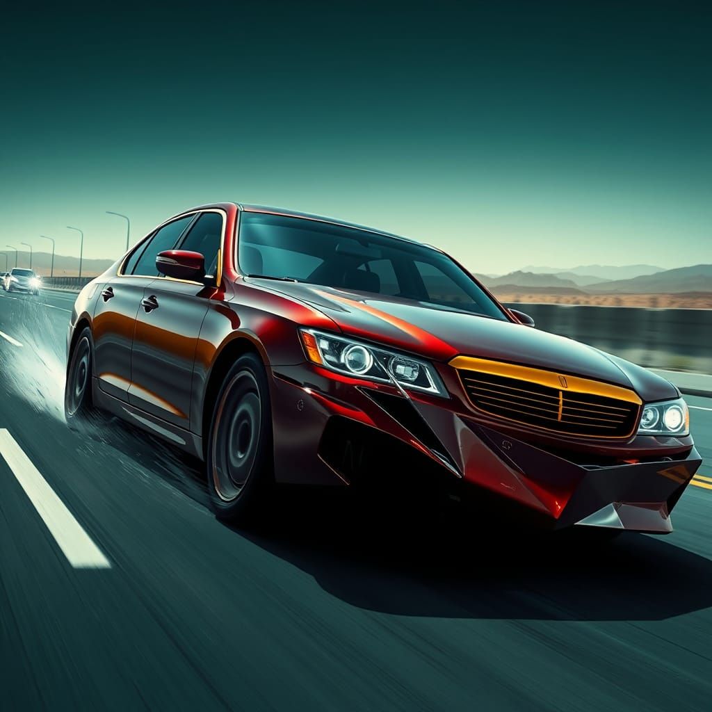 Maroon and Gold Sedan Car Crash in Cinematic Style