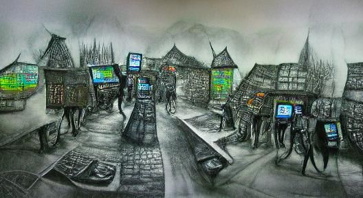 Cyberpunk Medieval Village with Computer Inhabitants