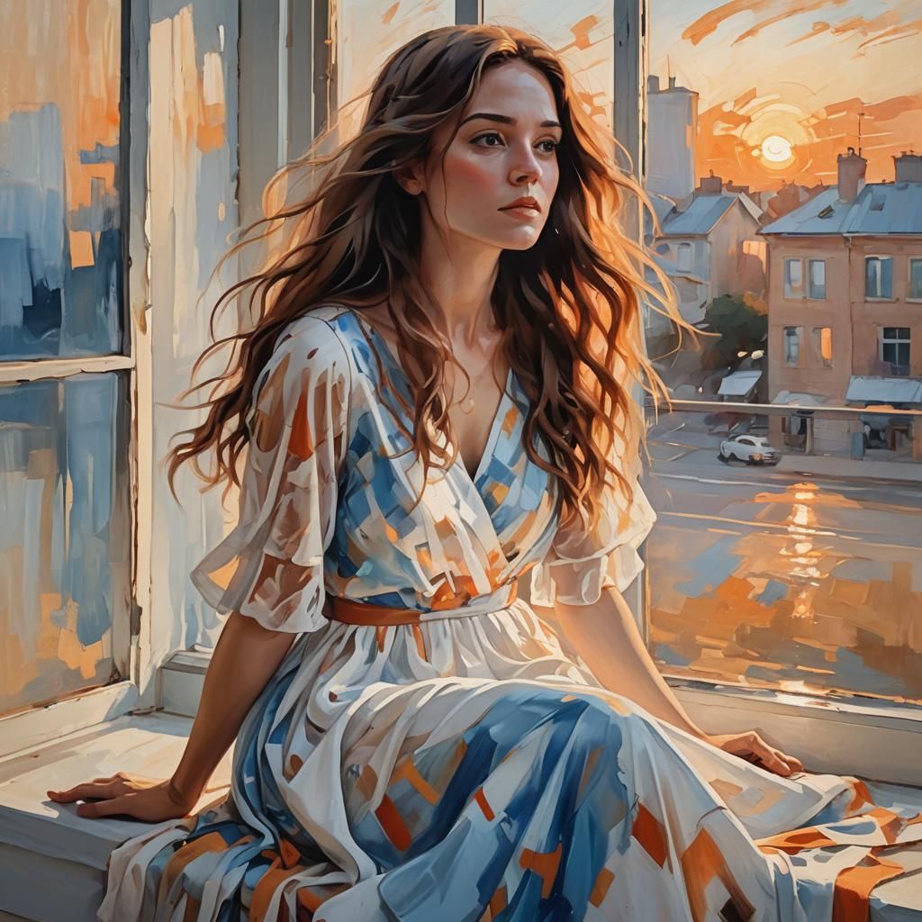 Girl Gazing at Sunset in Abstract Expressionism Style