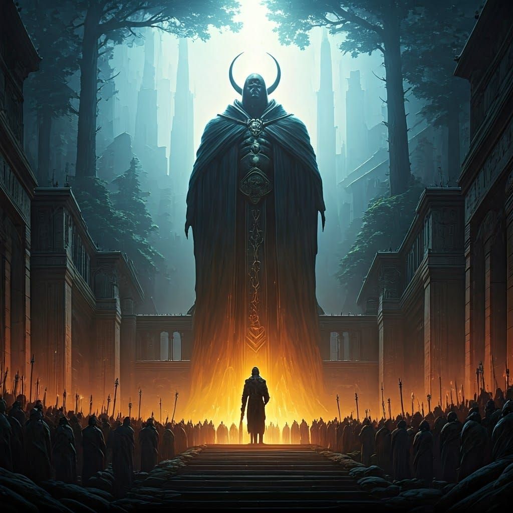 Godly Figure Amidst Devotees in Mystical Landscape