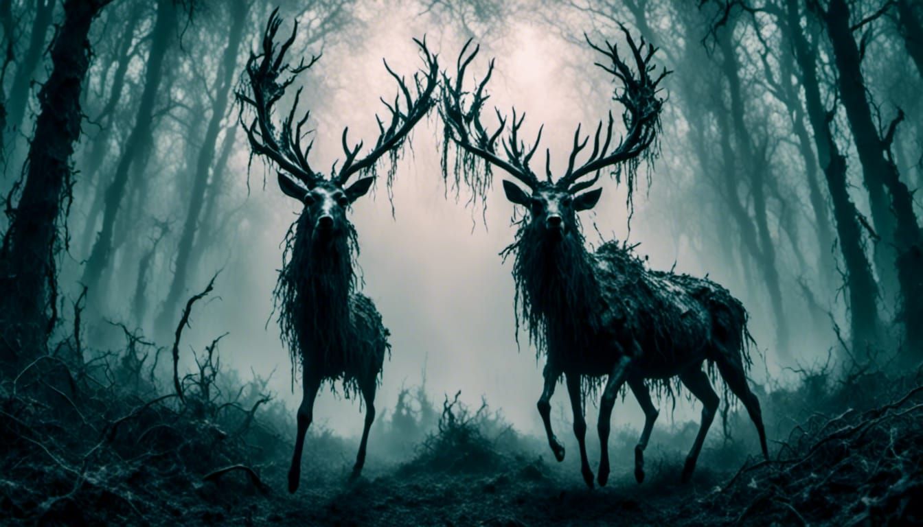Infected Deer Runs Through Dark Forest