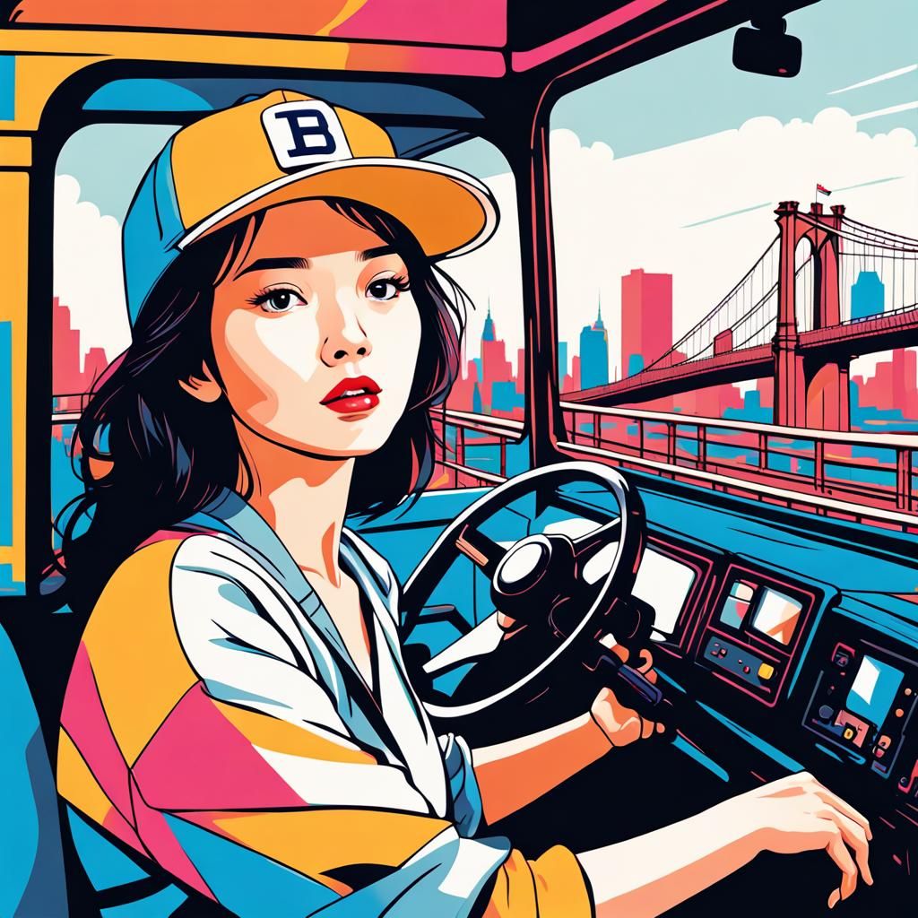 Korean Woman Driving Truck in Pop Art Style