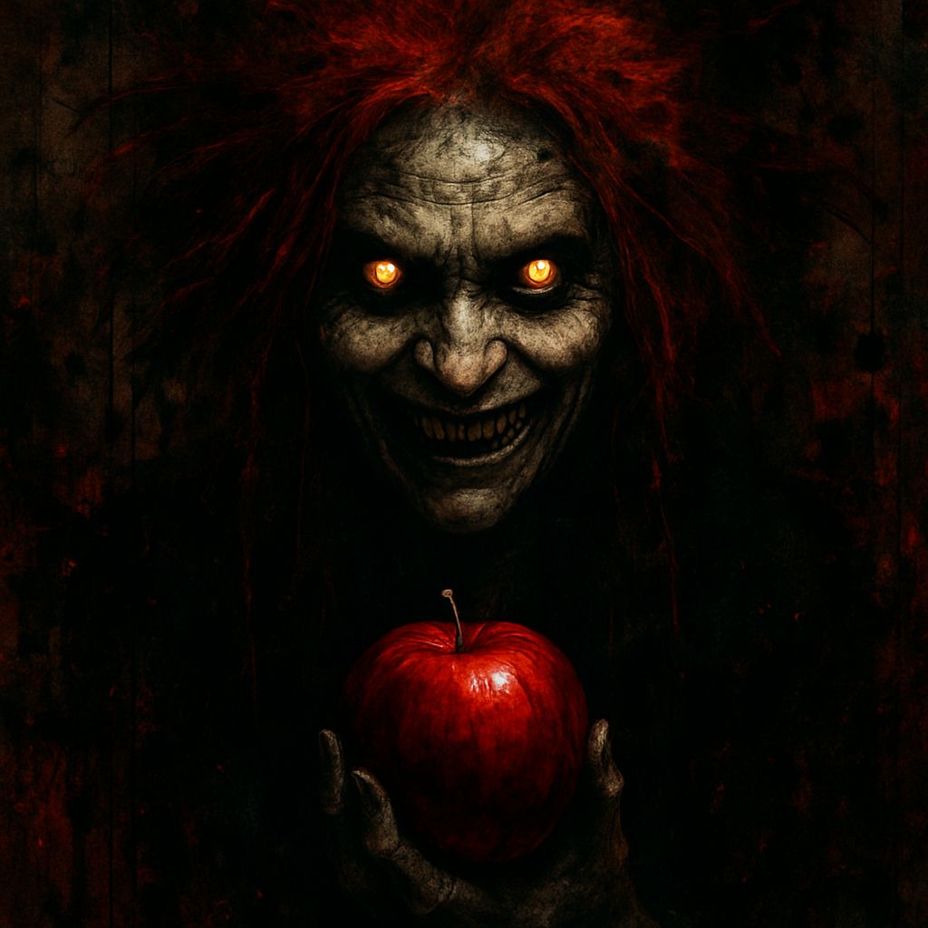 Scary Witch with Glowing Eyes Holds Red Apple