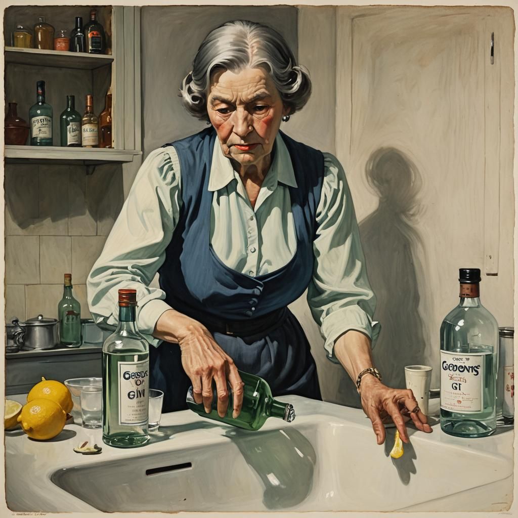 Woman Pours Gin Down Sink, American Realism Style