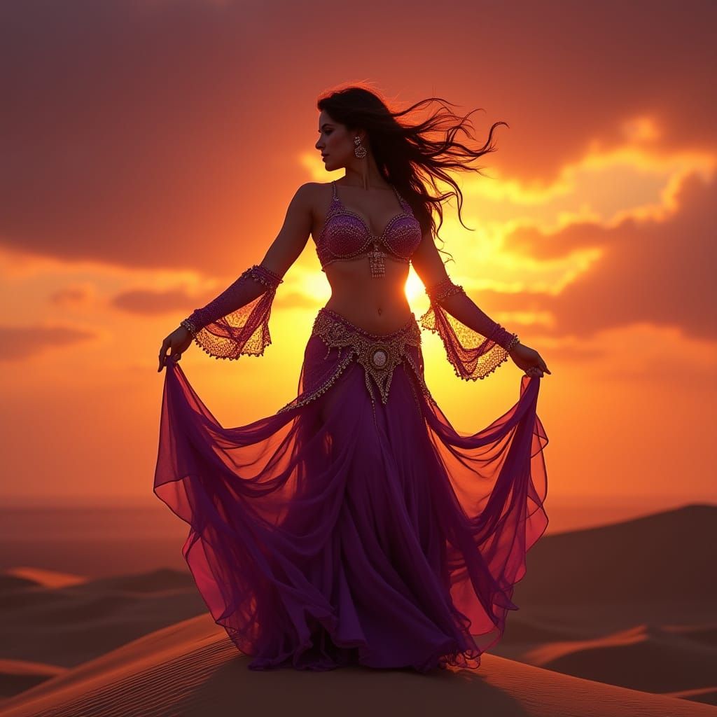 Voluptuous Persian Belly Dancer at Sunset as Digital Art