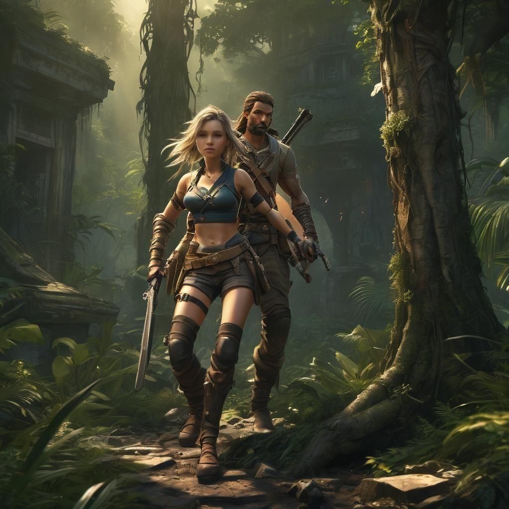 Jungle Adventure: Explorer Duo Fight in Ancient Ruins