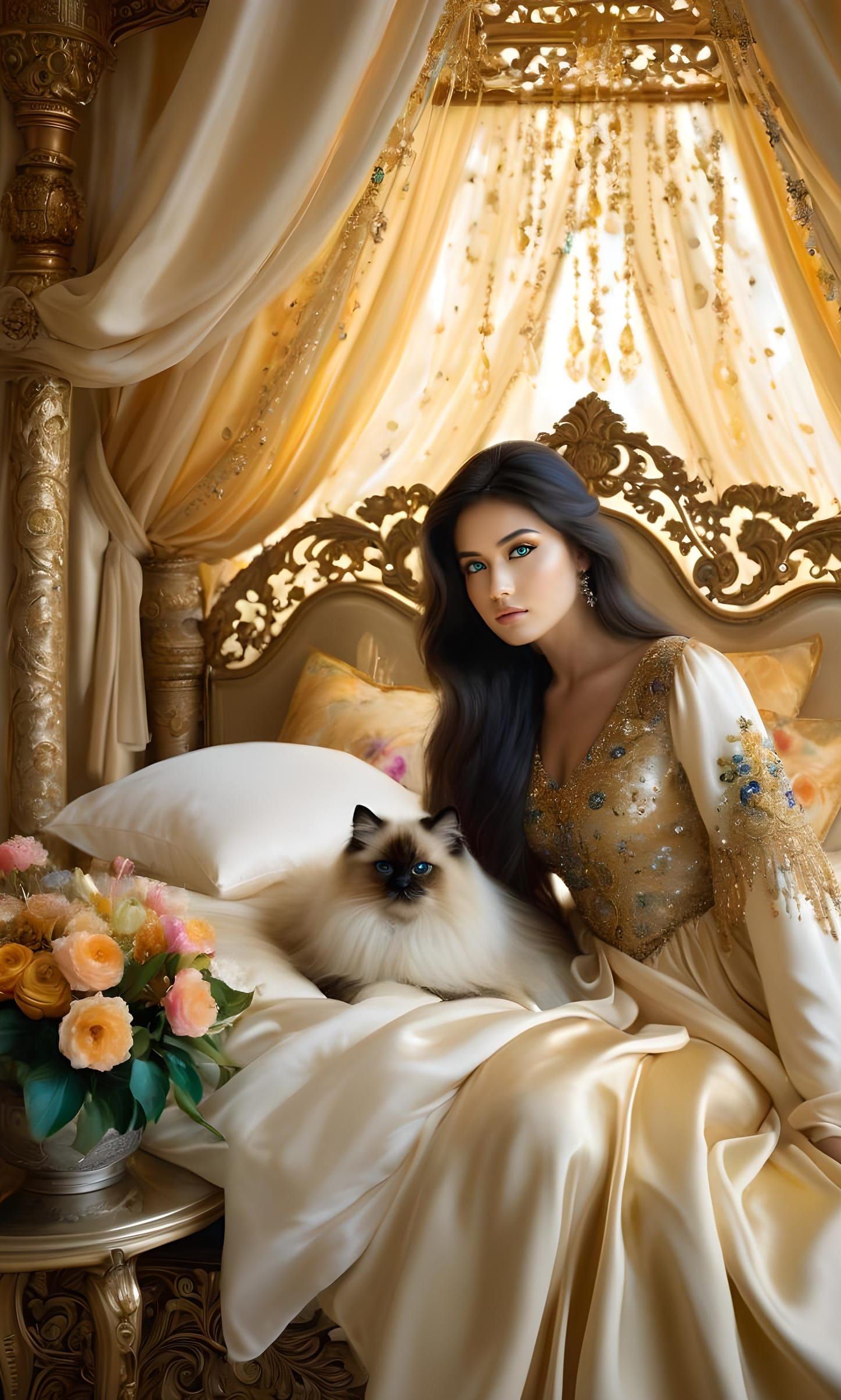 Woman and Cat in Opulent Art Nouveau Style