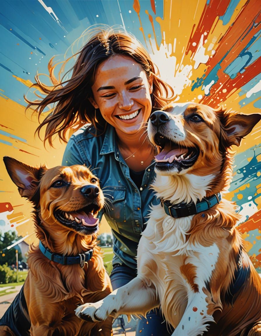 Joyful Woman and Dog in Vibrant, Hyperrealistic Art