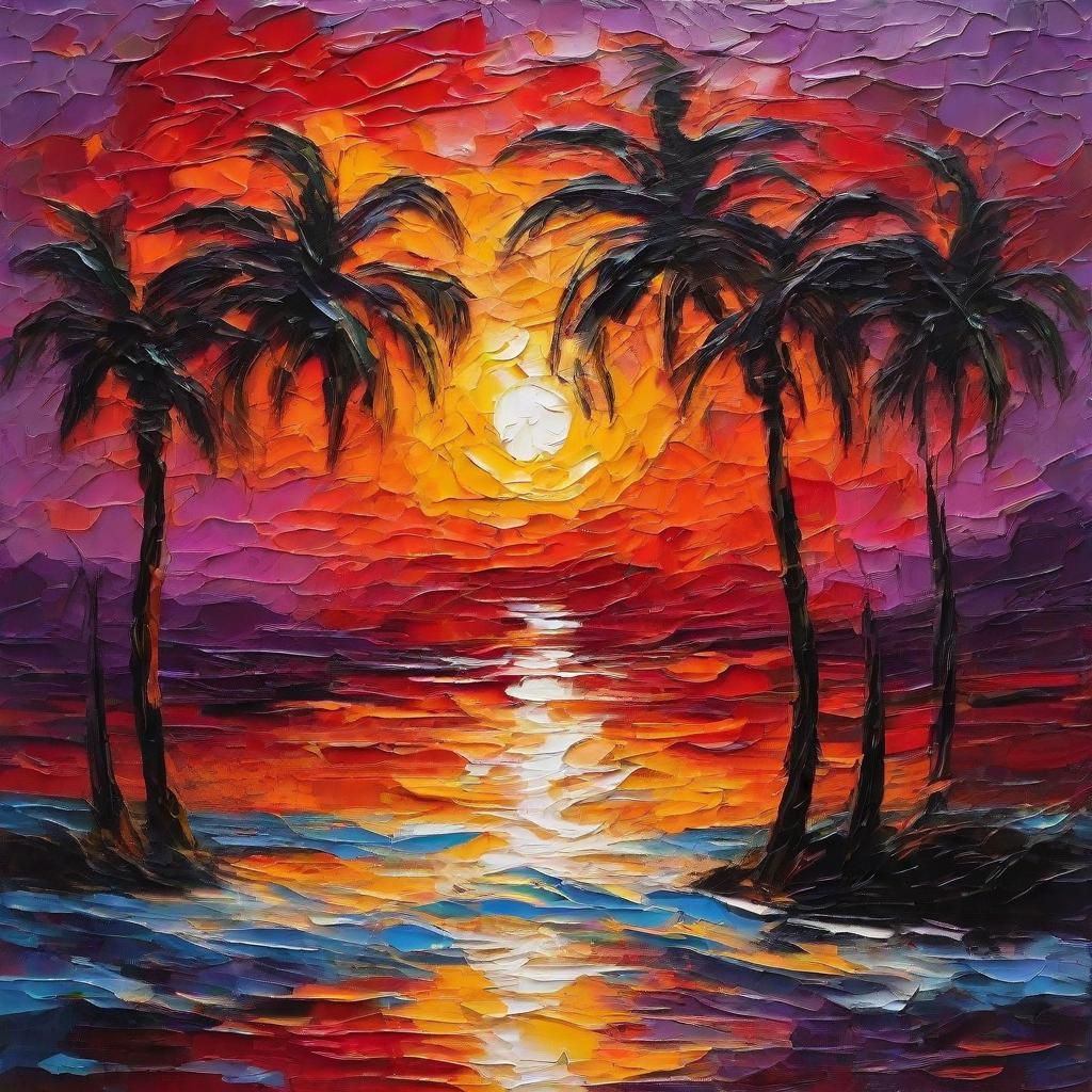 Golden Palm Trees Swaying: Impasto Oil Painting