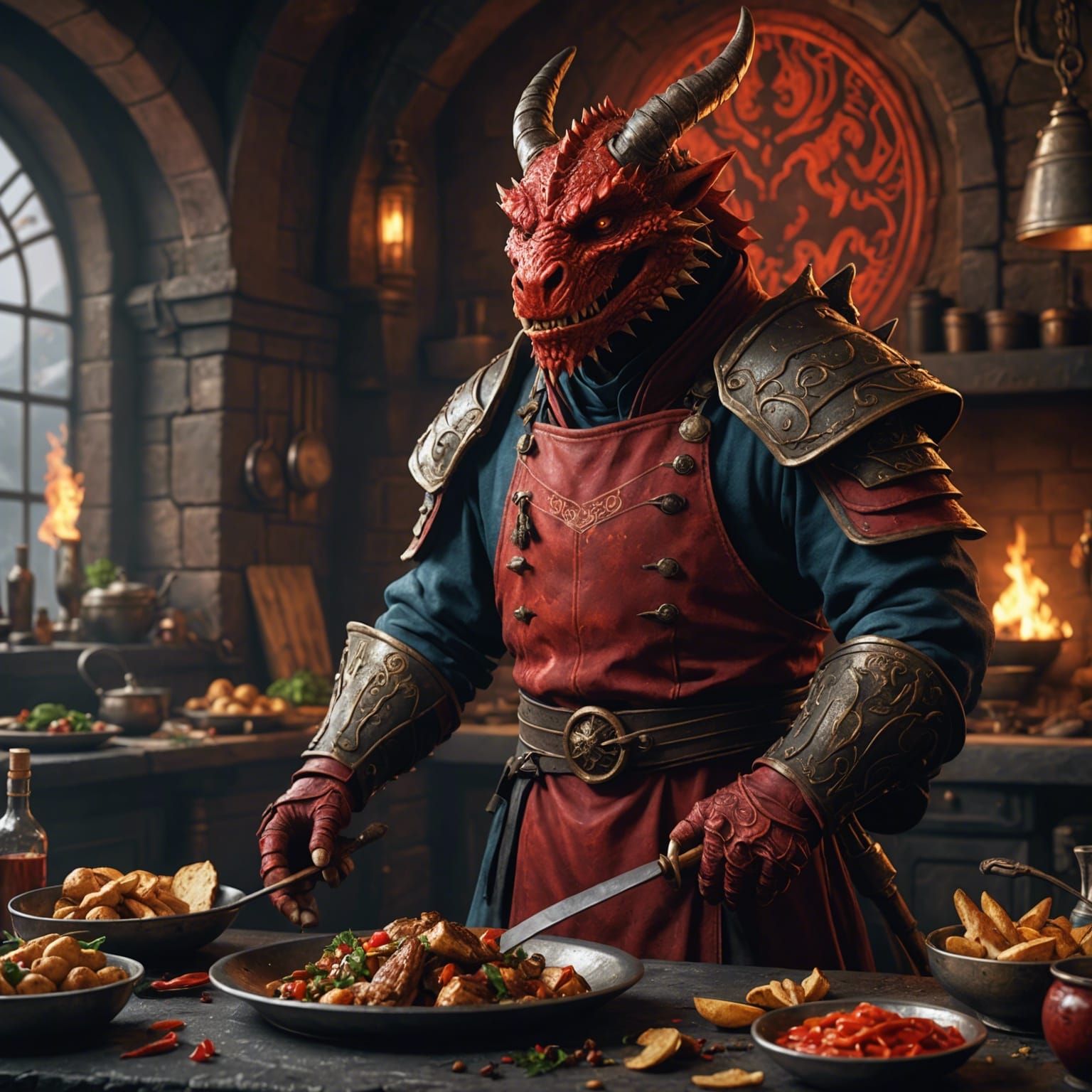 Red Dragonborn Chef in Fantasy Style