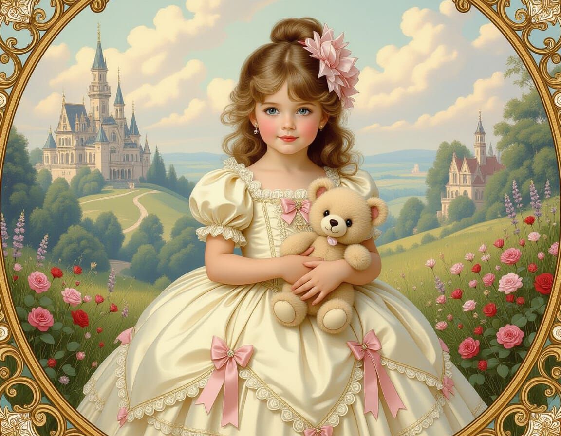 Victorian Girl in Fairy Tale Landscape, Art Nouveau Style