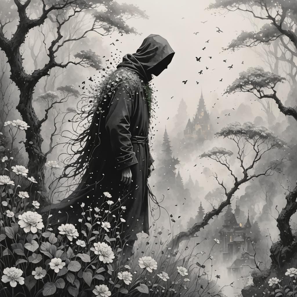 Ethereal Ink Art: Faceless Man with Flowers