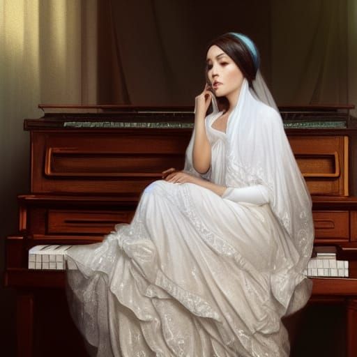 Woman with Veil Plays Piano, Hyperdetailed Portrait