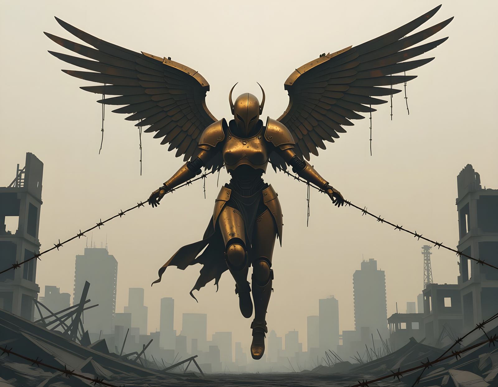 Fallen Mechanical Angel in Horror-Futurist Style