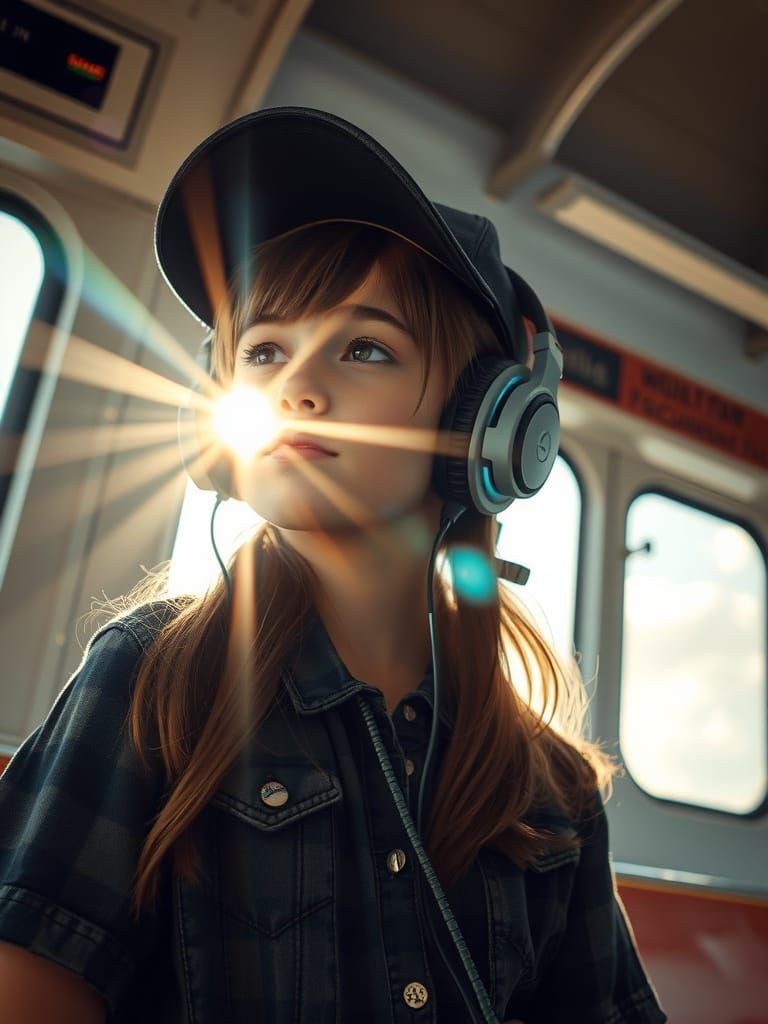 Girl with Headphones in Sunlit Metro