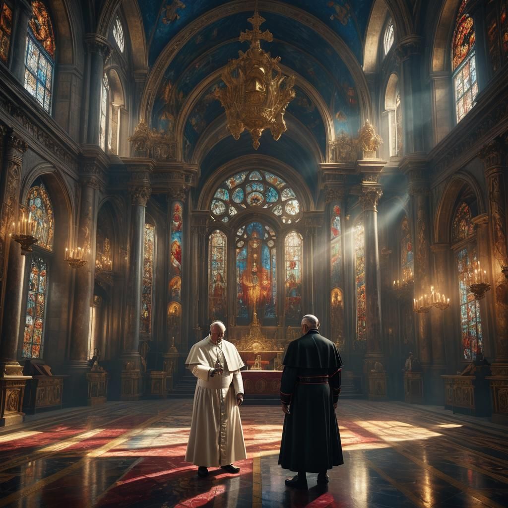 Pope with Gun in Ornate Castle Hall