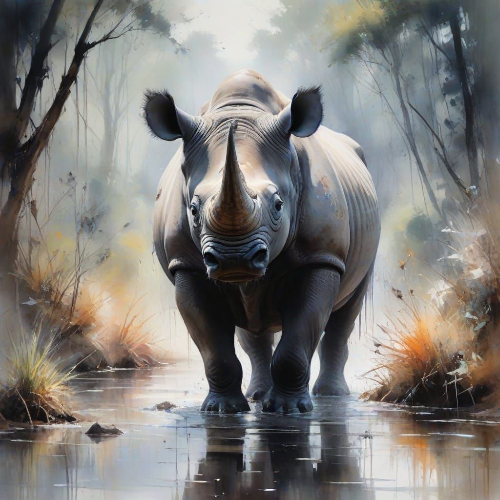 Black Rhino in a waterhole in the forest