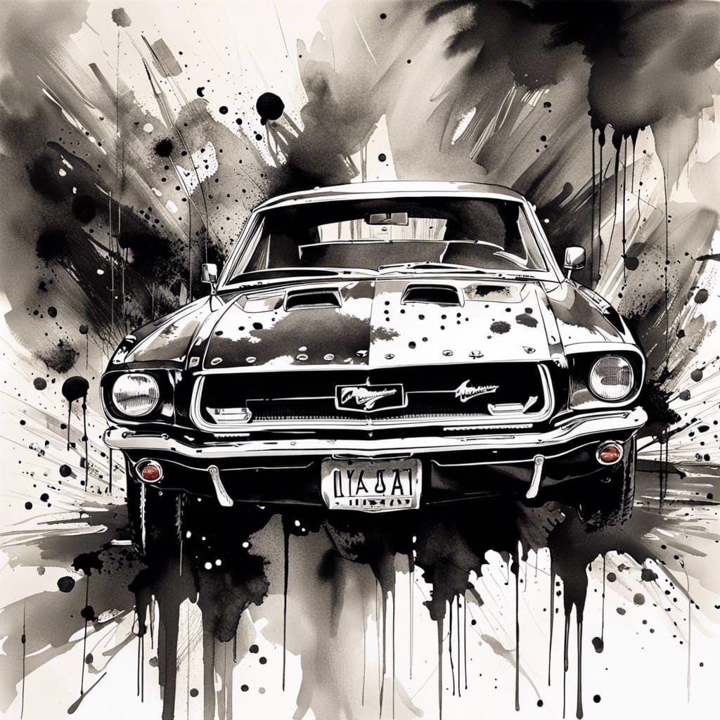 Monochrome Ink Painting of Classic Mustang Car