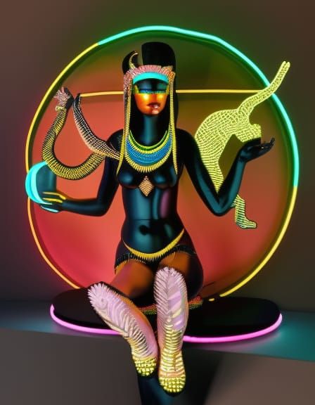 Neon Cleopatra Catwoman Sphinx with Planet
