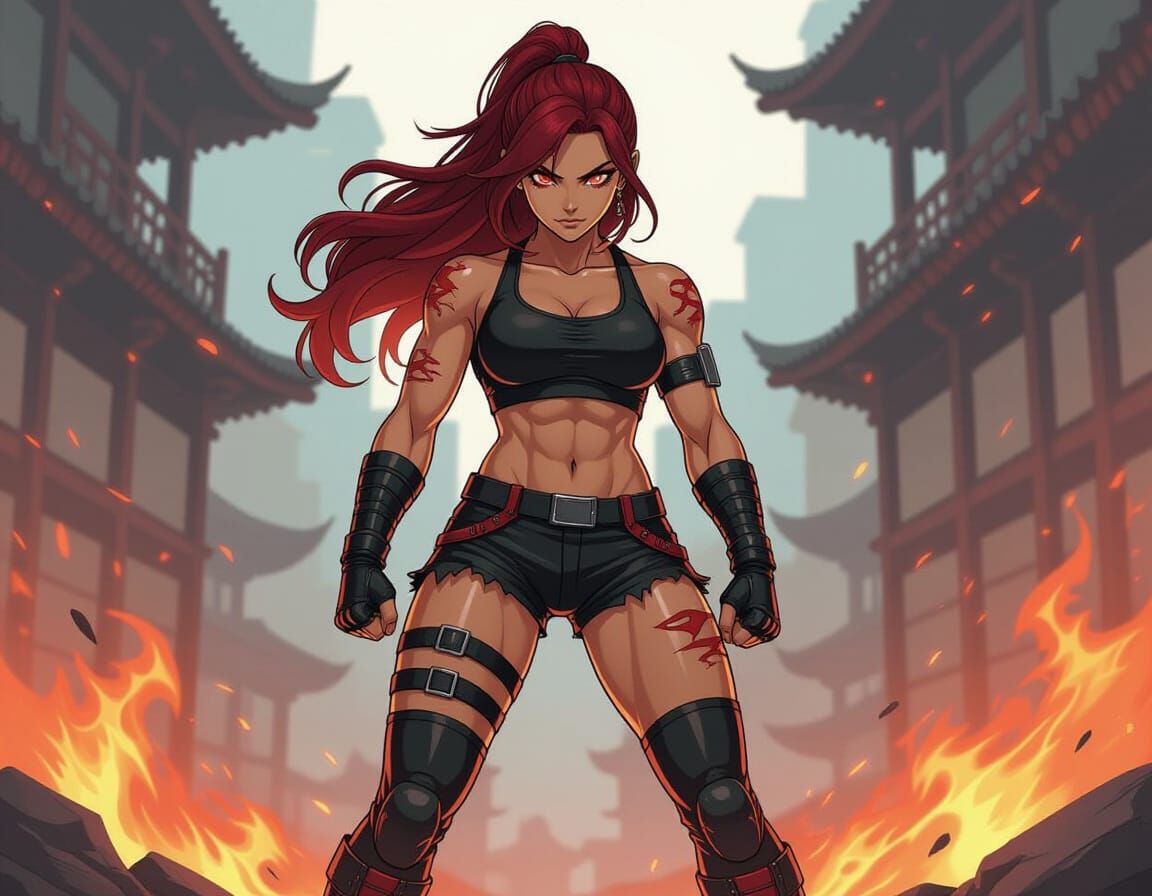 Fiery Warrior Woman in Anime Semi-Realism Style