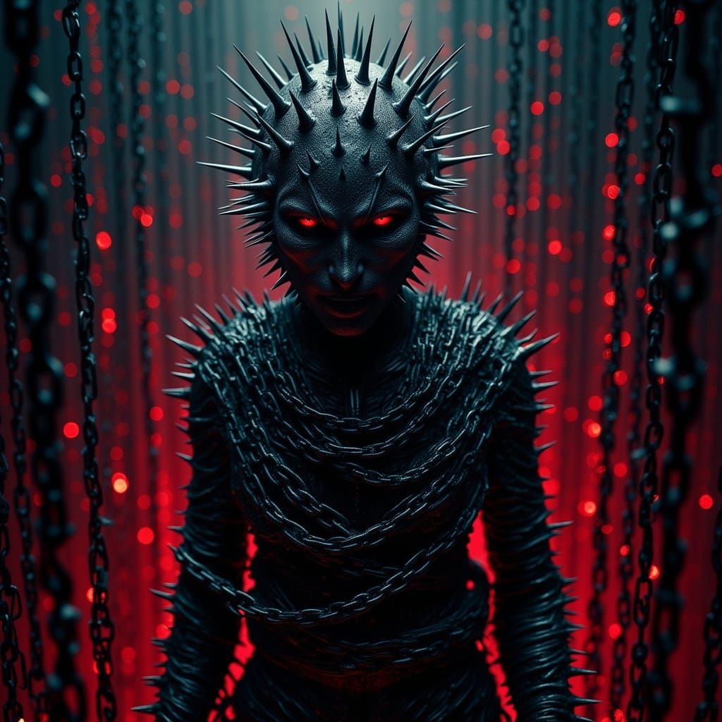 Chained Figure Suspended in Crimson Void