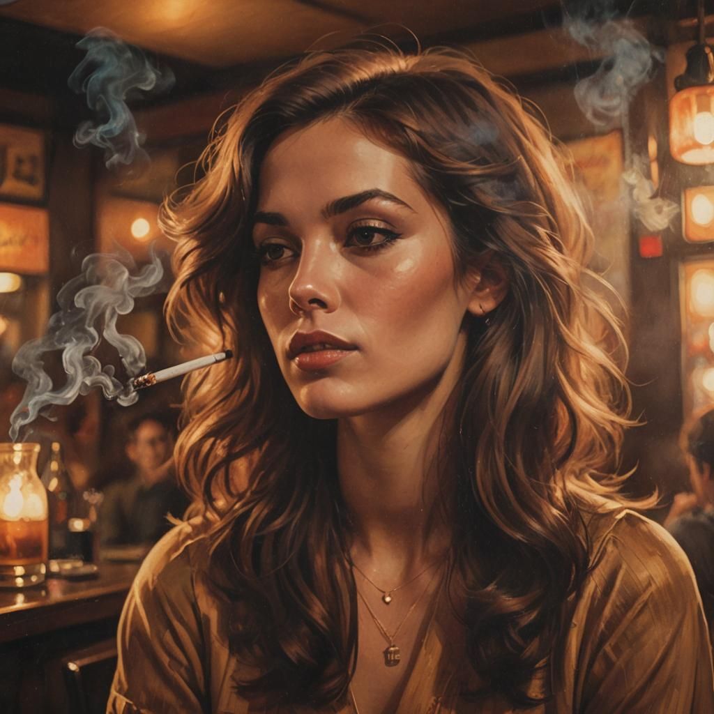 Retro 70s Woman Smoking in Atmospheric Oil Painting Style