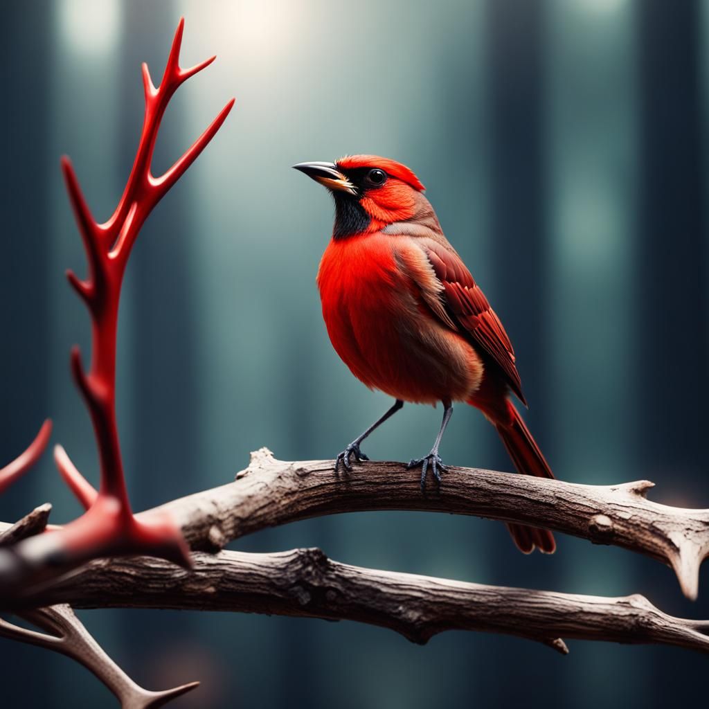 Cardinal Bird on Antler in Hyperrealistic Style