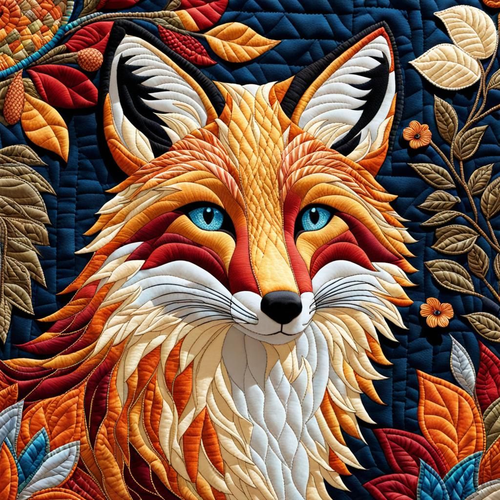 Charming Quilted Fox Illustration in Patchwork Fields