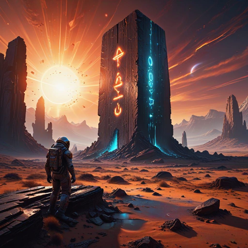 Astronaut Discovering Ancient Monolith on Alien Planet