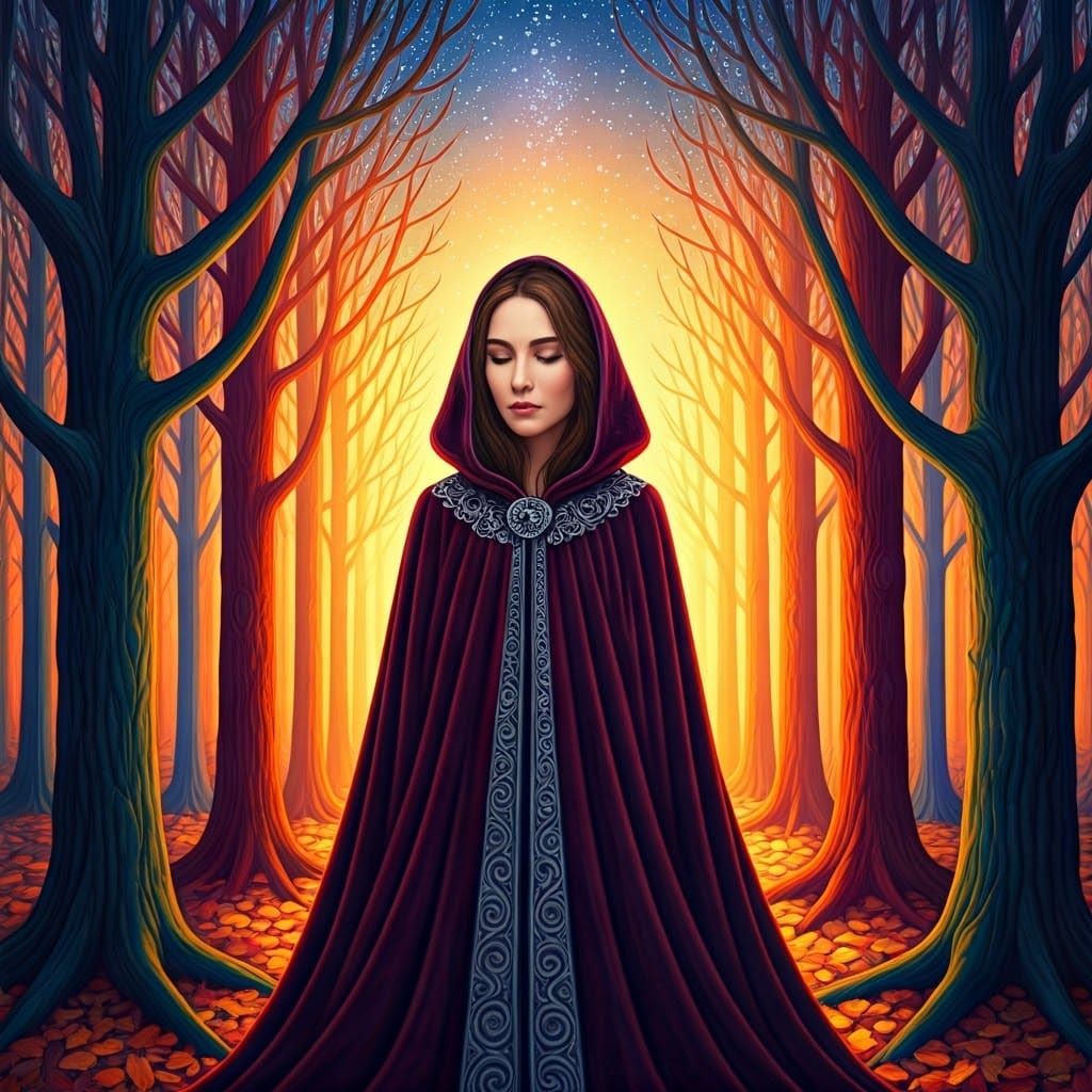 Enchanting Woman in Autumnal Dreamscape Illustration