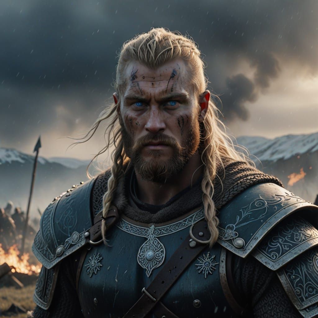 Epic Viking Warrior in Misty Battle Scene